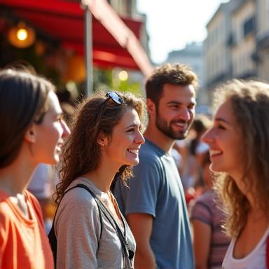 A small group of tourists laughing at a vibrant market in Italy.